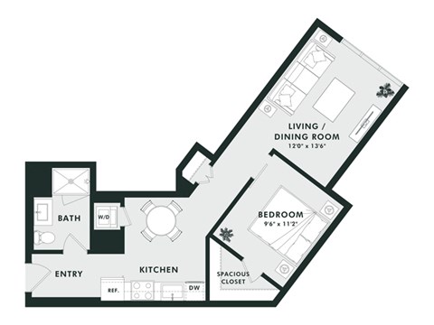Floor plan for 1 bed, 1 bath, 682 sqft